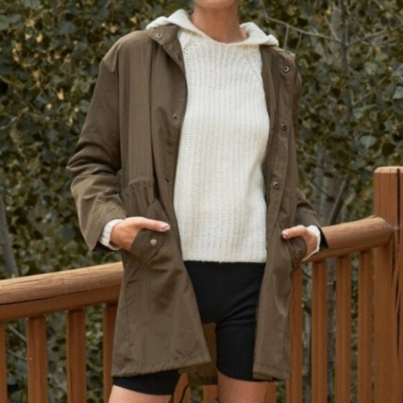 Olive Drawstring Hem Button-Down Coach Jacket - Picture 1 of 5